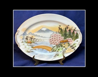 Vintage Hayasi Kutani Ware Platter: Mt. Fuji, Cherry Blossoms, 1950s Japan