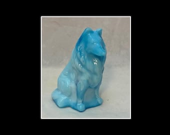 Figura de perro Collie de vidrio escoria azul y blanco de Mosser