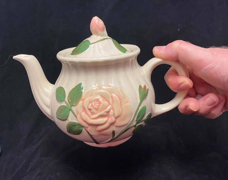 Shawnee Embossed Rose Teapot Four Cup Pot Circa 1950 Cream with Raised Pink Rose Pattern Made in USA