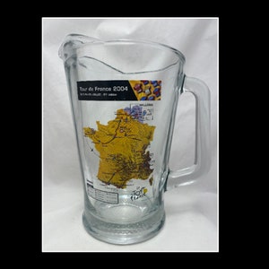 Pichet souvenir Tour de France, grand pichet à bière en verre avec plan de l'itinéraire 2004, souvenir officiel de la Société du Tour de France, Lance Armstrong