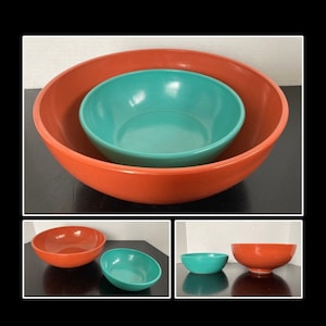 Hazel Atlas Ovide Serving Bowls, 10 Inch Brown Coral Salad Bowl, 7 Inch Turquoise Serving Bowl, Multicolored Midcentury Kitchen Glass