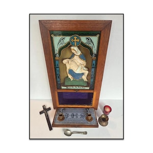 Catholic Viaticum Sick Call / Last Rights Box,  Antique Shadow Box, Glass Enclosed w Chalkware Figurine and Oak Frame, Jesus w Mary, ca 1900