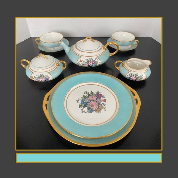 Tea Luncheon Set w 10 Inch Cake Plate, Two Settings, Hand Decorated Pope Gosser, Germany, and Japan China, Art Nouveau Revival Design