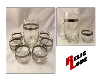 Vintage Libbey Silver Stripe Cocktail Pitcher Set w Rolly Polly Glasses, 1970s Barware