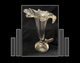 Large Depression Glass Horn Vase, Art Deco Fire Polished Crystal, 1930s