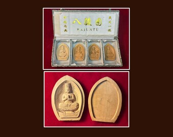Vintage Chinese Zodiac Protector Buddha Set, 4 Carved Wood Bodhisattva Amulets, Ben Ming Fo Plaques, Silk Box, 2 3/8"