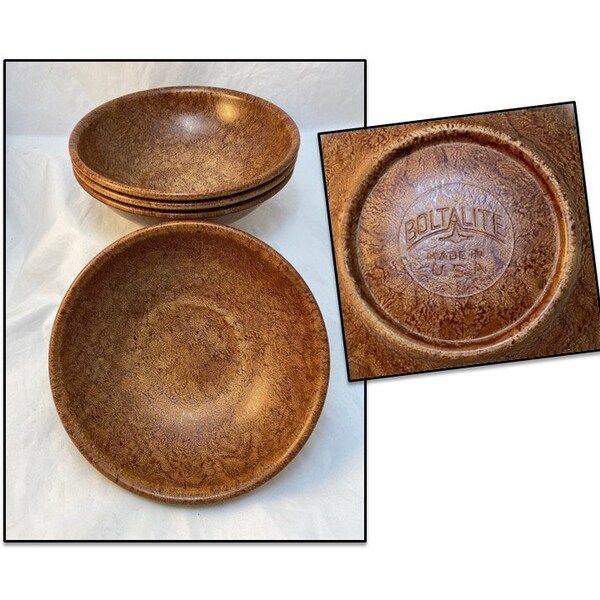 Four Boltalite Melamine Cereal Bowls, Four Faux Burl Wood Bowls, 8 Inches, Made in the USA, Mid-Century Modern