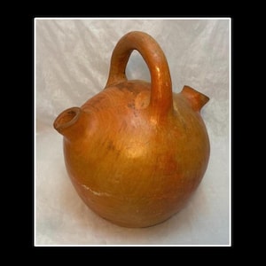 Old Mexican Botijo, Burnished Mexican Pottery, Traditional Antique Woodfired Pottery Drinking Vessel, 10 Inches Tall, 19th Century (?)