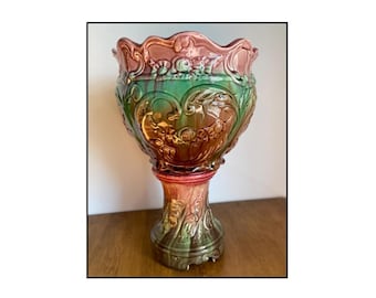 Antique Weller Majolica Jardiniere w Table Pedestal, Blended Pink Green Brown Weller Art Pottery Planter, Art Nouveau Style, circa 1920s