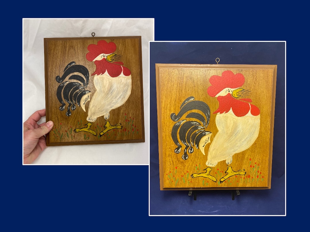 Rooster Plaque, Hand Painted Wood Rooster Wall Hanging, 1960s 1970s