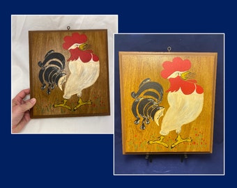 Vintage Hand Painted Wood Rooster Plaque, Kitchen Folk Art