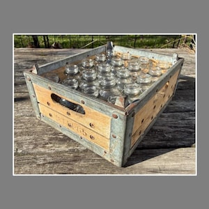 Vintage Milk Crate with 25 Half Pint Dairy Bottles, Keystone Dairy Bottles? Steel Reinforced Crate w Wire Separators and Ears, circa 1950.
