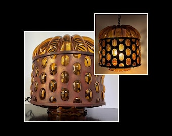 Vintage Brutalist Caged Pendant Light, Amber Glass Swag Lamp, Mid Century Hanging Ceiling Fixture, Boho Lighting