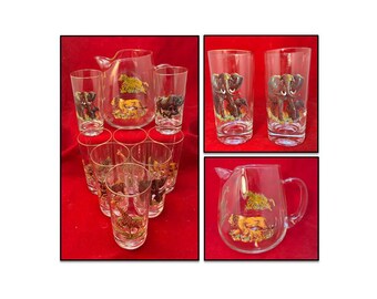 Pasari Safari African Animals Pitcher Set w Eight Tumblers, Vintage Mid Century Barware