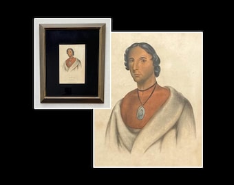 Chippewa Chief Lithograph: PA-SHE-NINE, McKenney & Hall, c1850 Framed Native Art