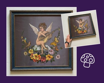 Cherub Atop Toadstool, 20 Inch Victorian / Edwardian Silk Painting in Original Frame, Unsigned Antique Oil Painting on Lavender Silk