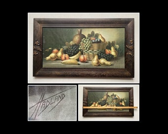 Estampe ancienne de natures mortes, lithographie de Harry Hadland, corbeille de fruits et vin, cadre en bois original
