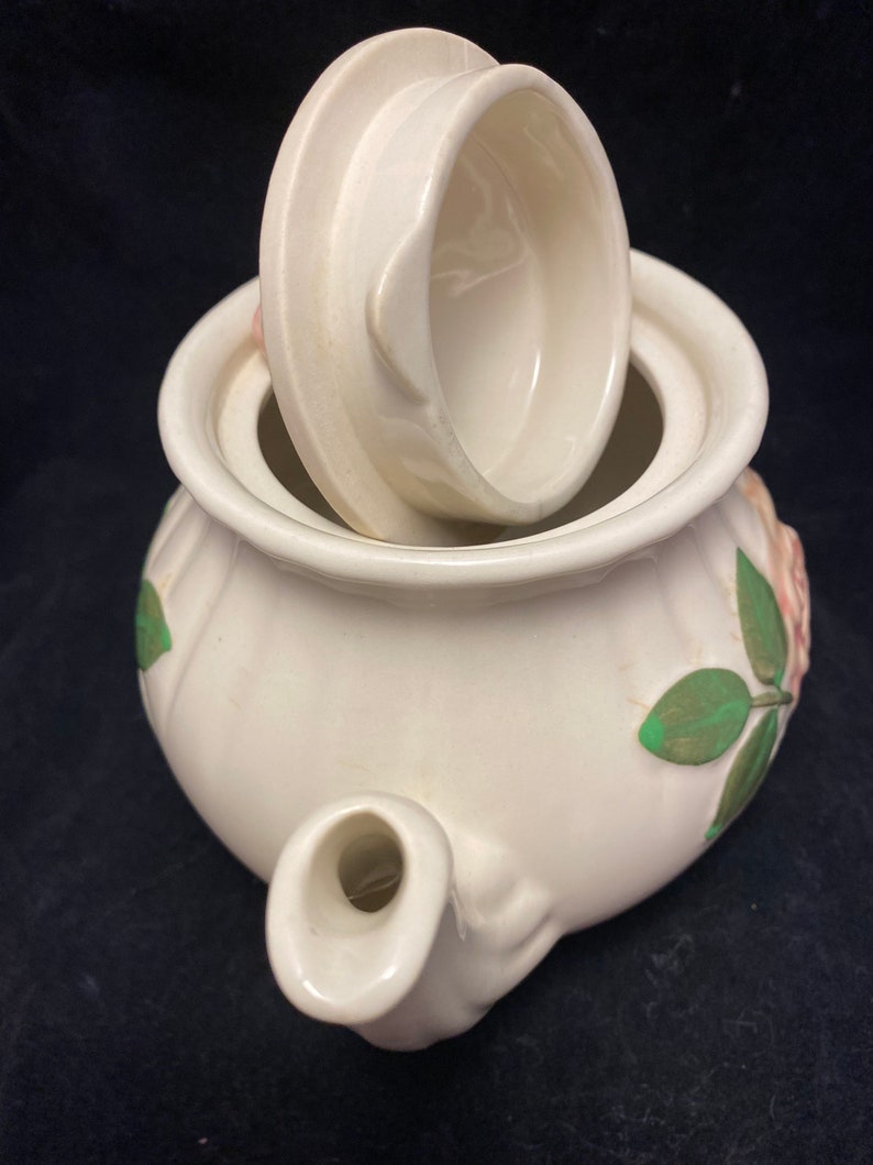 Shawnee Embossed Rose Teapot Four Cup Pot Circa 1950 Cream with Raised Pink Rose Pattern Made in USA