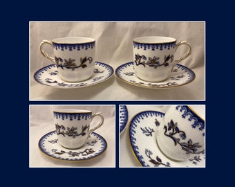 Royal Worcester 1901 Tea Cups and Saucers, English Fine Porcelain, Blueware Floral Set
