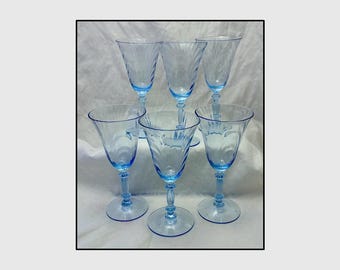 Cambridge Caprice Moonlight Blue Water Goblets, Set of 6, Vintage Blue Optic Glass Stemware Wine Glasses, 7.5" Tall