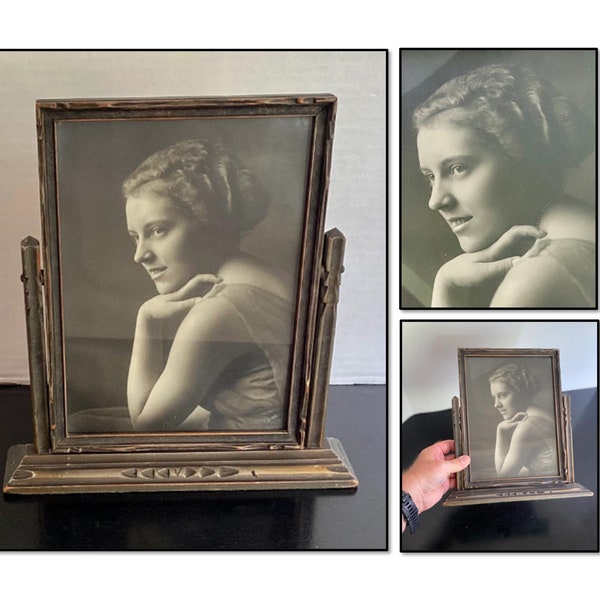 Antique Swing Table Top Frame with Portrait, Art Deco Style Tilting Picture Frame, Painted Wood, circa 1920