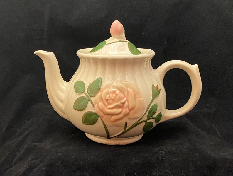 Shawnee Embossed Rose Teapot Four Cup Pot Circa 1950 Cream with Raised Pink Rose Pattern Made in USA
