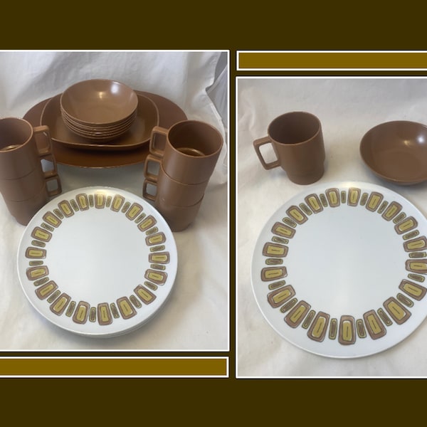 Brown Texas Ware Melmac Dish Set / Picnic Set, 20 Pieces, 6 Place Settings w Serving Platter and Bowl, Mid-Century Modern Brown