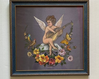 Cherub Angel Painting, Putto with Lute & Toadstool, Oil Acrylic on Silk, Framed Victorian Style Wall Art, 20.5x19.5, Cottagecore Decor