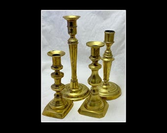 Antique Brass Candlesticks Lot of 4, Unpolished Patina, Beaded Neoclassical & Victorian Candle Holders, 7" to 10.25" Tall