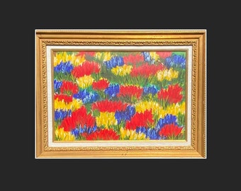 Vintage Floral Abstract Painting: Signed Acrylic Artwork in Gold Frame