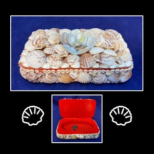 Vintage Sea Shell Art Jewelry Box, 6.5 Inch Trinket Box, Red Felt Lining
