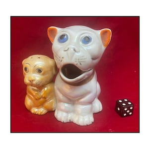 Bonzo Dog Lusterware Figurine, Made In Japan, Salt and Pepper Condiment Set, circa 1950.