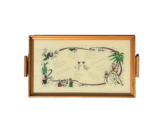 Vintage 1950s Cocktail Recipe Bar Tray – Mexican Theme Reverse Painted Glass, Tom Collins Dry Martini Art, Mid Century Barware, Refurbished