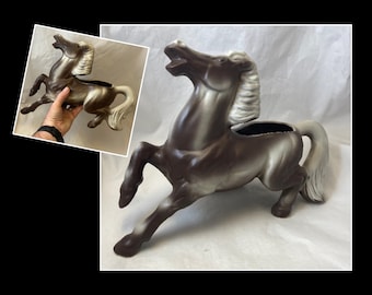Vintage USA Pottery Horse Planter Figurine, 15 Inches, Brown & White Glaze, 1960s Decor
