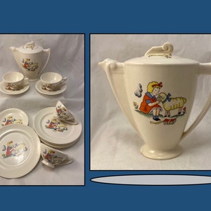 Canonsburg Pottery, servizio da tè per bambini Mary Had a Little Lamb, stile Art Déco, prodotto negli Stati Uniti, circa anni '30