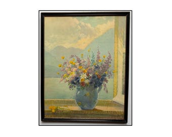 Vintage Jacques Bille Wildflower Bouquet Print, Framed Floral Still Life Lake & Mountain View, French Cottagecore Wall Art, 25x20"