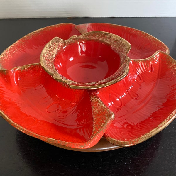 California Original Orange Red & Gold Chip And Dip Set With Lazy Susan, Cal Style #298-G w Original Box