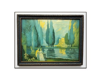 Wladimir Pavlovsky "Liebespaar in einem Garten" ~ Antiker Farbdruck mit Holzrahmen ~ Reinthal & Newman NY, um 1920 ~ Vintage Wandkunst