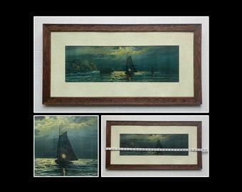 Antique Jos. Hoover & Sons Lithograph Moonlit Seascape Sailboat Oak Frame Victorian Nautical Print 32.5"