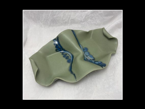 Hilborn Studio Pottery Tray: Free Form Divided Dish, Green & Blue Glaze