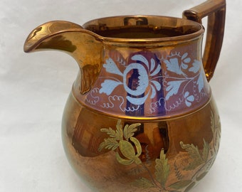 Antique Copper Lustre Pitcher: Staffordshire Lusterware Jug with Enamel Floral Design