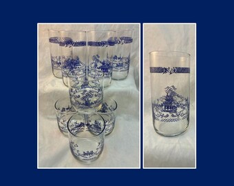 Vintage Blue Willow Libby Glass Set of 8 | 4 Highball + 4 Rocks Glasses | Blue White Chinoiserie Barware | Pagoda Pattern
