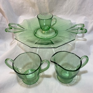 Fostoria Fairfax Uranium Glass Set, Four Pieces incl Handled Cake Plate, Cream and Sugar, and Demitasse Cup, Depression Glass circa 1930