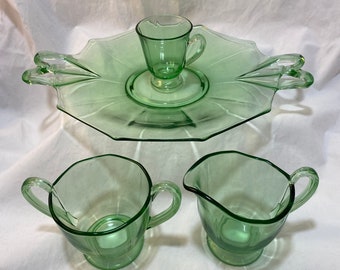 Fostoria Fairfax Uranium Glass Set: Cake Plate, Cream & Sugar, Demitasse Cup