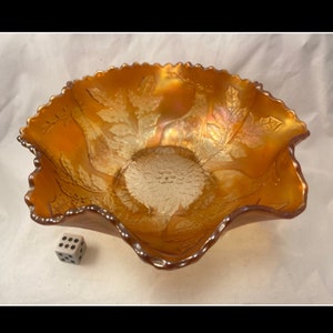 Fenton Stag and Holly Marigold Bowl, Carnival Glass Ruffled and Scalloped Rim, Spatula Footed, Iridescent
