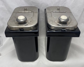 Art Deco Styling Hinged Lid Two Soda Fountain  Drug Store Dispensers by Hall China Co Porcelain and Chrome