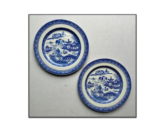 Ashworth Brothers Flow Blue Old Canton Blue Willow Dinner Plates, circa 1900, 9.5"