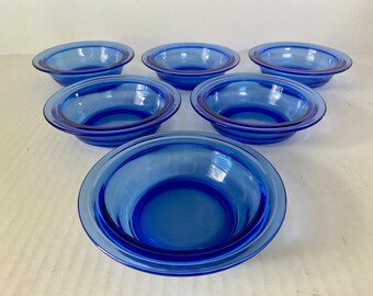 Hazel Atlas Ritz Blue Moderntone 5&quot; Small Fruit / Desert Bowl Set, Six Cobalt Depression Glass Bowls, circa 1930s