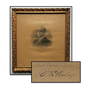 May include: An antique portrait of a man in a dark suit and bow tie, set within a gold ornate frame. Below the portrait is a rectangular plaque with the inscription "ENGRAVED BY HARTMAN & RICE, CHIC." and a signature.