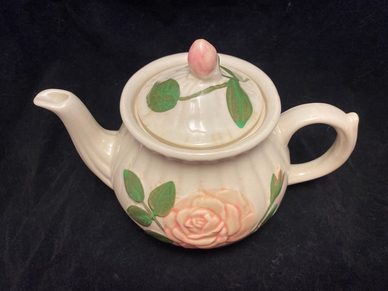 Shawnee Embossed Rose Teapot Four Cup Pot Circa 1950 Cream with Raised Pink Rose Pattern Made in USA